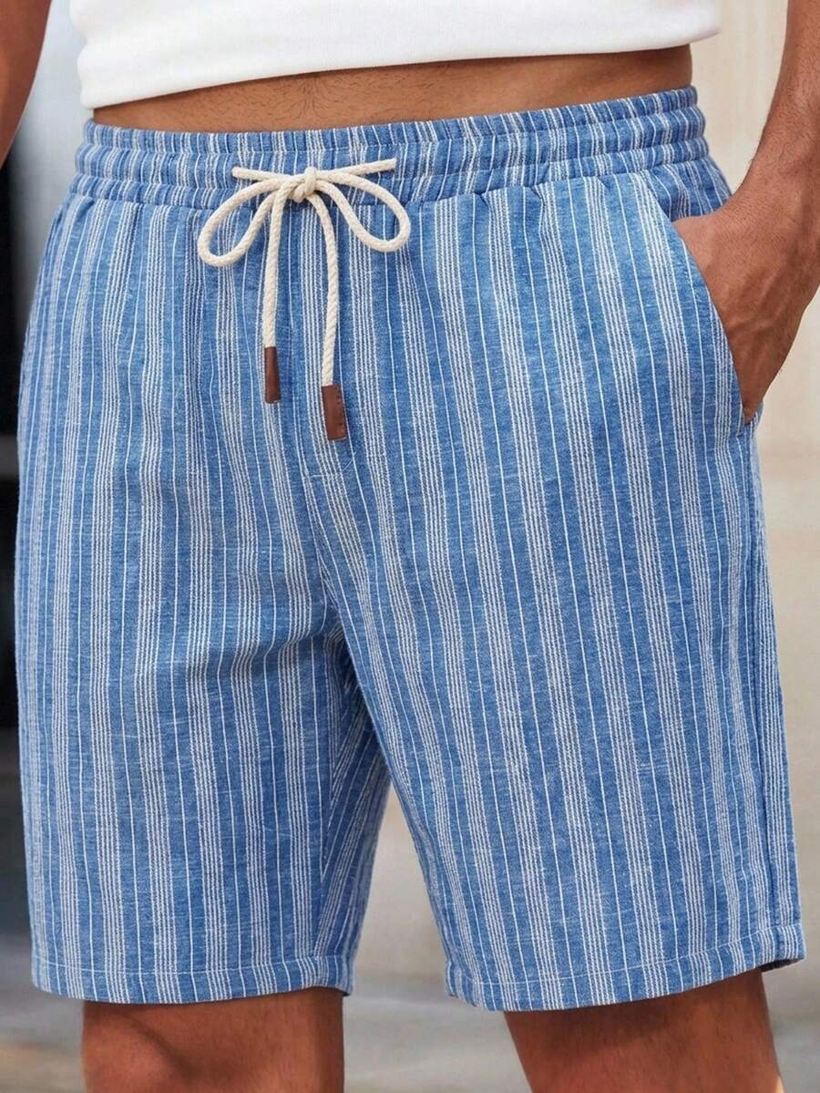 HIMLAND Men's Vertical Stripe Button-Up, White & Light Blue. Relaxed Fit, Short Sleeves & Open Collar. Lightweight Cotton Blend, Soft & Airy. Effortless Vacat - Blue - View 1