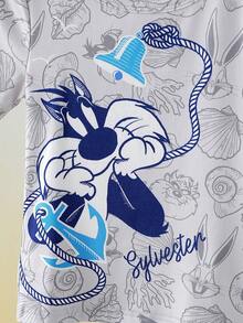 LOONEY TUNES X SHEIN GraphicGems 小男孩春夏時尚系列 貝殼、珊瑚、海螺組合印花 修身高彈力面料圓領舒適短袖T恤與短褲2件套 修身居家服 - 灰色 - 查看 4