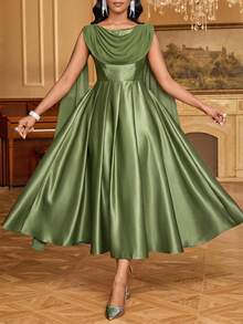 Fleurora Women's Solid Color Ruffled Neck Pleated Casual Party Mid-Length Dress, Summer,Dresses For Women Summer - Olive Green - View 3