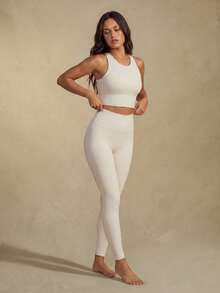 SHEIN 女士纯色圆领吊带背心和紧身裤运动套装 - 米色 - 查看 5