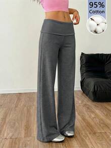 SHEIN EZwear 休閒簡約 95% 棉 深灰色高腰寬腿鬆弛休閒長褲，適合春夏穿著 - 深灰色 - 查看 3
