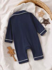 SHEIN Vintaside Kids 新生兒居家連身睡衣，卡通恐龍印花圖案配滾邊飾邊，柔軟舒適面料 - 藏蓝色 - 查看 2