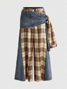ROMWE J-Fashion Women's Retro Punk Street Style Plaid Patchwork 2 In 1 Lace-Up Jeans - Blue - View 3