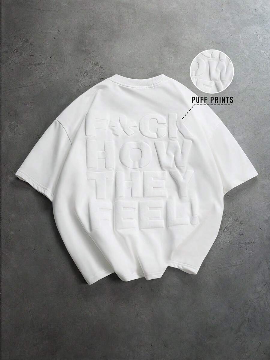 PAVTROS Men's Letter Print Drop Shoulder Crew Neck Casual T-Shirt, Holiday - White - View 1