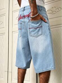 Manfinity EMRG Men's Straight Leg Embroidered Denim Shorts Shorts With Vintage Written On Them For Men - Light Grey - View 5