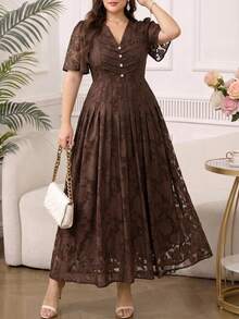 SHEIN Clasi Plus Size Summer Elegant Solid Color Cutout Dress - Coffee Brown - View 8