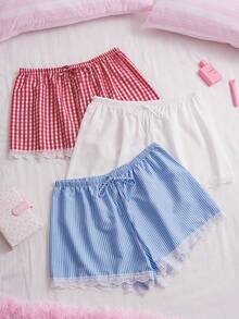 Slumberry CURVE Sweet & Cute Striped Plaid Print & Solid Color Lace Patchwork Plus Size Women's Pajama Bottoms 3pcs/Set - Multicolor - View 1