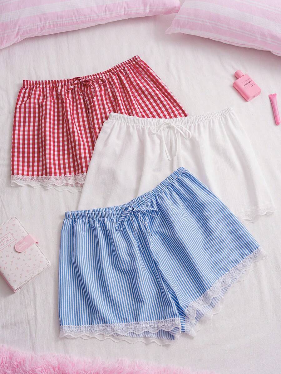 Slumberry CURVE Sweet & Cute Striped Plaid Print & Solid Color Lace Patchwork Plus Size Women's Pajama Bottoms 3pcs/Set - Multicolor - View 1