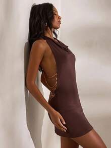 Opulessa Vestido mini de punto de un solo color con escote halter y espalda descubierta para mujer, primavera/verano vacaciones - Marrón - Ver 3