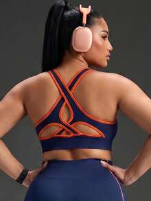 Powerista Women's Plus Size Seamless Sports Bra With Trim And Back Cutout For Daily Fitness - Navy Blue - View 2