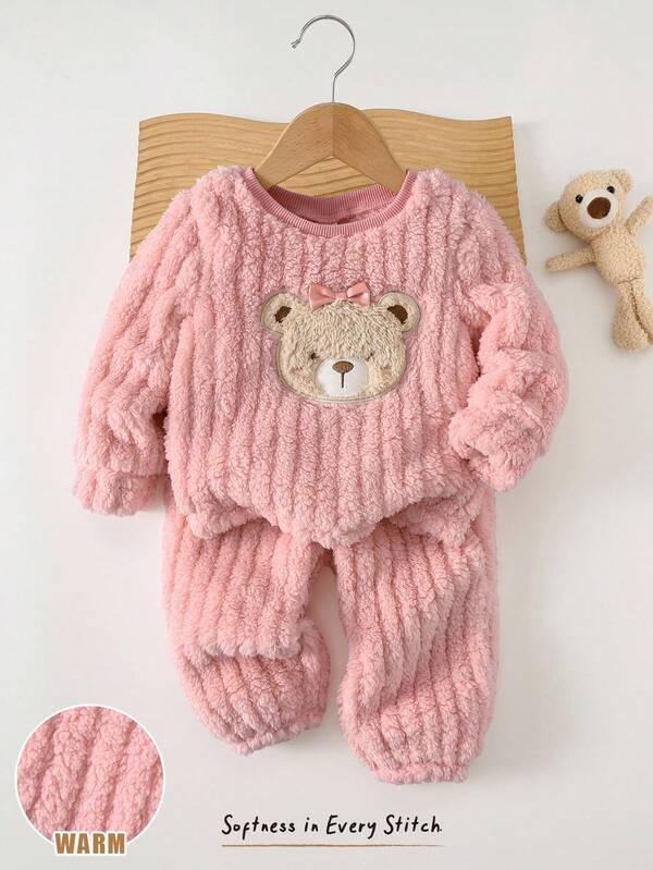 Cozy Pixies Baby Girl Cartoon Bear Pattern Thermal Lined Thick Crew Neck Long Sleeve Pullover Top And Elastic Waist Long Pants 2-Piece Set, Suitable For Indoor, Outdoor Skiing, Daily, Sports, Play, Party, Photography In Autumn/Winter