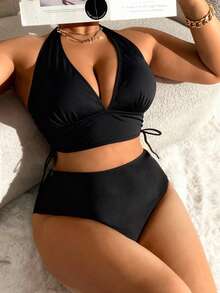 Swim Lushoire Plus Size Solid Color Ruched Halter Tie Sexy Bikini Two-Piece Swimsuit Set - Black - View 5