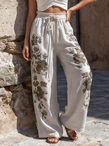 Balvessa Women's Floral Print Waist Tie Wide Leg Long Pants For Vacation - Multicolor - View 4