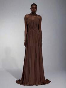 Elitara Elegant Chiffon Pleated Strapless Dress With Ruched Skirt And Train, Suitable For Date, Vacation, Evening Party - Coffee Brown - View 6