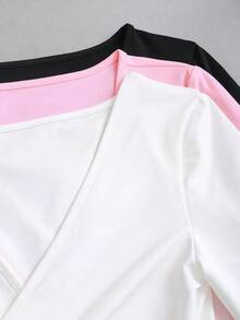 SHEIN EZwear 2026秋季新款 95%棉 時尚歐美性感簡約休閒運動健身彈性柔軟前開襟繫帶V領貼身長袖短版三件套純色優雅通勤女款T恤，四季皆宜，皮拉提斯、瑜伽運動T恤 - 彩色 - 查看 10