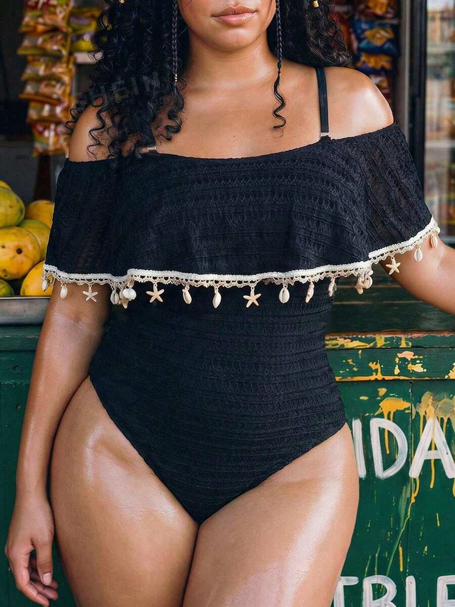 Swim Vcay Plus Size Women Shell Pendant Decor Off-Shoulder One-Piece Swimsuit, Suitable For Beach Holiday, Pool Party, Beach Party Black Summer Boho - Black - View 1