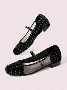 CUCCOO DOLLMOD Women's Rhinestone Mesh Mary Jane Adjustable Buckle Square Toe Low Block Heel Elegant Black Flats - Black 1 - View 3