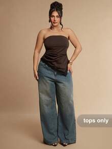 SHEIN BAE CURVE Plus Size Women's Brown Lace Tube Top , Tight Ruched Asymmetrical Design Hem Top, Summer, 4th Of July - Brown - View 2