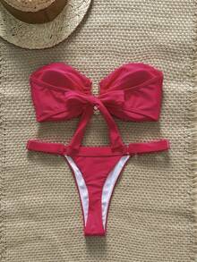 Swim Chiccia Springbreak 女款夏季純色抹胸上衣配金屬裝飾與丁字褲下著極簡風兩件式比基尼套裝 - 紅色 - 查看 2