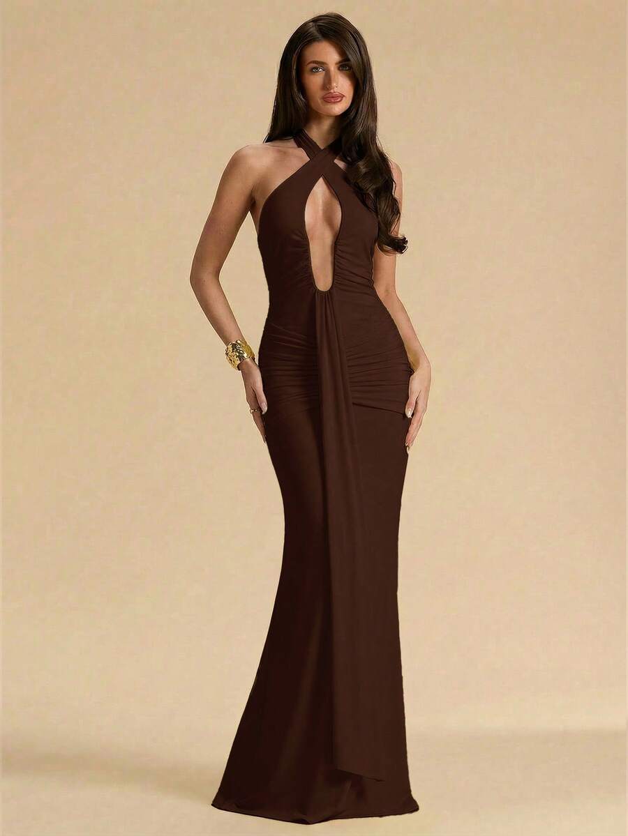 SHEIN BAE 春夏純色黃色奶油黃性感深V領超長優雅掛脖交叉綁帶女款洋裝,黃色洋裝,優雅長洋裝 - 咖啡棕 - 查看 1