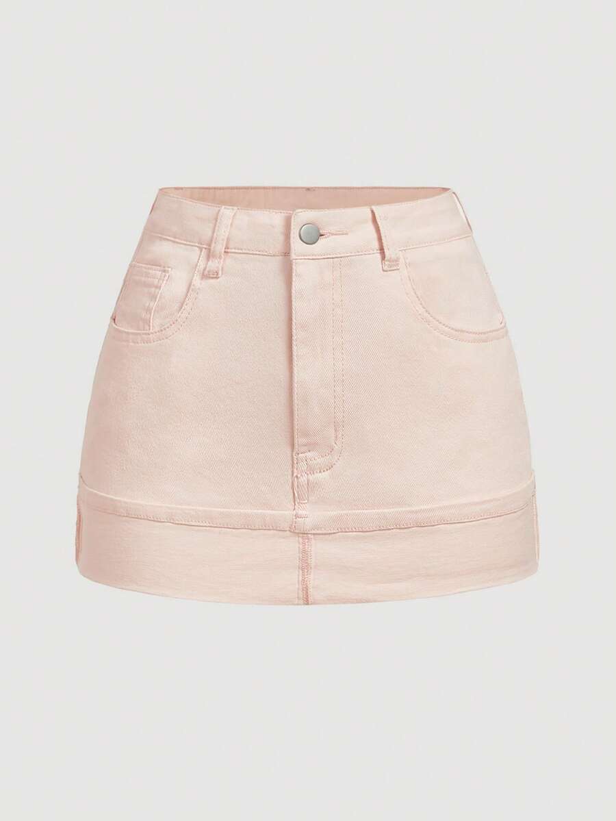 SHEIN MOD Women's Pocketed Rolled Hem Casual Versatile Denim Skirt - Baby Pink - View 1