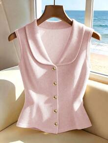 SHEIN Franclia New Commuter Elegant Fashion Design Lapel Sleeveless Knit Top, Summer Holiday, Fashion Commuter New French Elegant Slim Fit Sleeveless Top, Suitable For Summer Vacation Wear - Pink - View 7