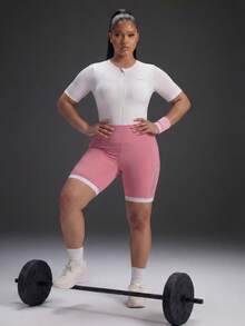 Powerista Women's White & Pink Colorblock Mid-Sleeve Mid-Length Plus Size Athletic Jumpsuit  Daily Travel Sports Shorts Yoga Fitness Lifestyle Casual Gym Summer - Pink - View 3