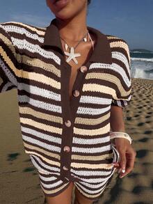 Calvaya Women's Fashion Casual 1950s Vintage Loose Hollow Knit Sweater Set, Suitable For Autumn, Plus Size, Outerwear, Vacation, Music Festival, Beach White - Coffee Brown - View 1