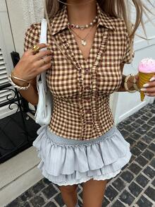 DAZY Women's Vintage Sweet Brown & Beige Plaid Collared Puff Short Sleeve Button-Up Cardigan Blouse With Ruffle Trim, Cinched Waist, Slim Fit Cute Tops - Brown - View 5