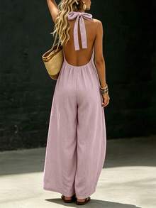 SHEIN Holidaya Mono halter de color caqui para vacaciones de mujer, mono a juego para vacaciones de mujer, conjunto de vacaciones de mujer - Rosa - Ver 2