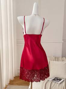 Moireta Ladies' Lace Patchwork Cami Sleep Dress Pajama Dress Bridallingerie - Red - View 3