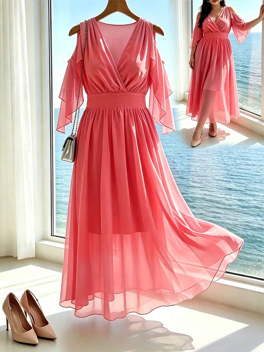 Franclia Vestido elegante de unicolor con volantes en el bajo para mujer de talla grande para primavera y verano - Rosado Sandía - Ver 1