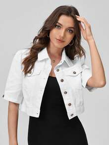 SHEIN PETITE 女款素色前扣休閒短袖牛仔外套 - 白色 - 查看 7