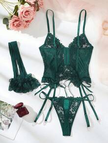 SHEIN 浪漫蕾絲女款性感內衣套裝 3 件組 - 墨綠色 - 查看 2