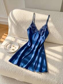 Moireta Women's Lace Patchwork Camisole Pajama Night Dress Luxeloungewear - Blue - View 1