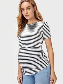 SHEIN Maternidad Camiseta de rayas bajo curvo amamantamiento - Blanco y Negro - Ver 9