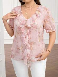 Reflora Plus Size French Vacation Floral Print Ruffle Tie-Front Blouse - Multicolor - View 4