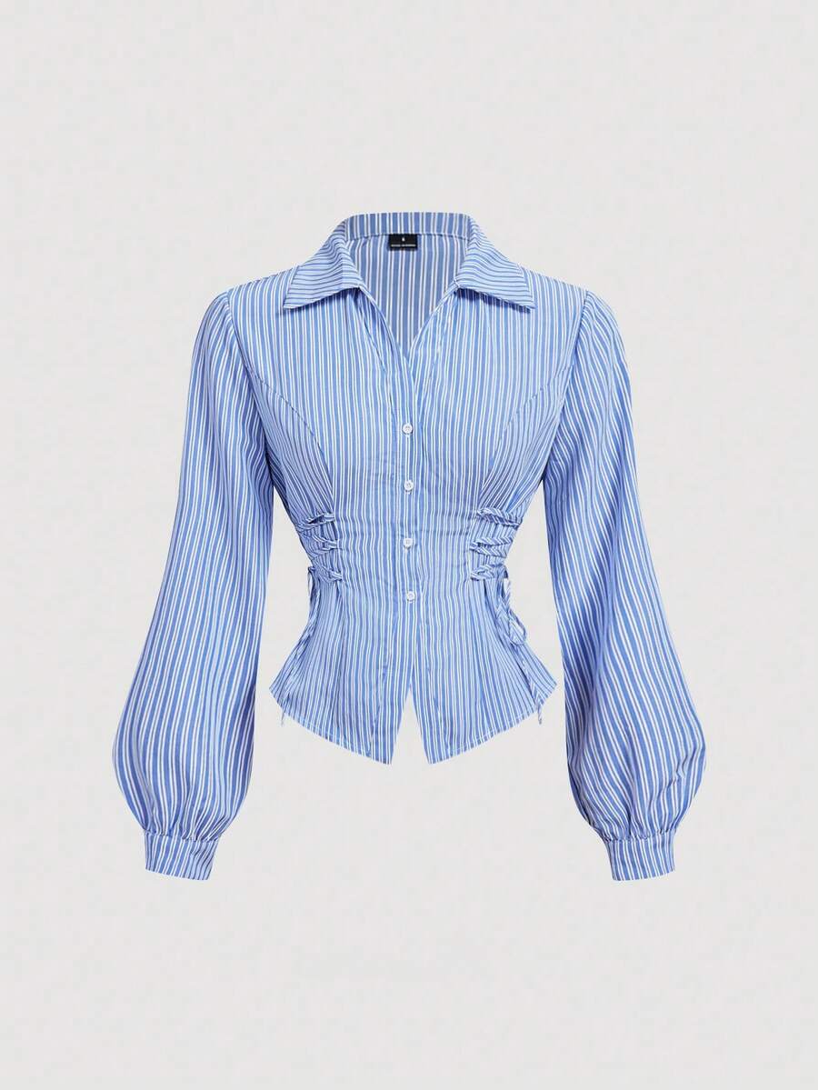 SHEIN MOD 女款條紋前綁帶設計休閒百搭日常外出襯衫,適合返校、商務、休閒、秋季、外出 - 藍白色 - 查看 1