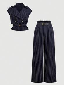 SHEIN MOD 女款海軍藍條紋鈕扣金屬扣腰部背心外套與寬鬆長褲套裝 - 藏蓝色 - 查看 2