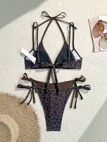 Oceva Women's 2-Piece Leopard Print Random Pattern Summer Sexy 2 In 1 Spaghetti Strap Tie-Up Top And Side Tie Triangle Bikini Set - Multicolor - View 2