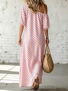 SHEIN Holidaya 春夏藍白條紋單肩長洋裝法式夏季海灘洋裝 - 粉色 - 查看 2