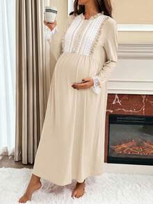 Slowluna Maternity Colorblock Lace Patchwork Dress Fall - Khaki - View 5