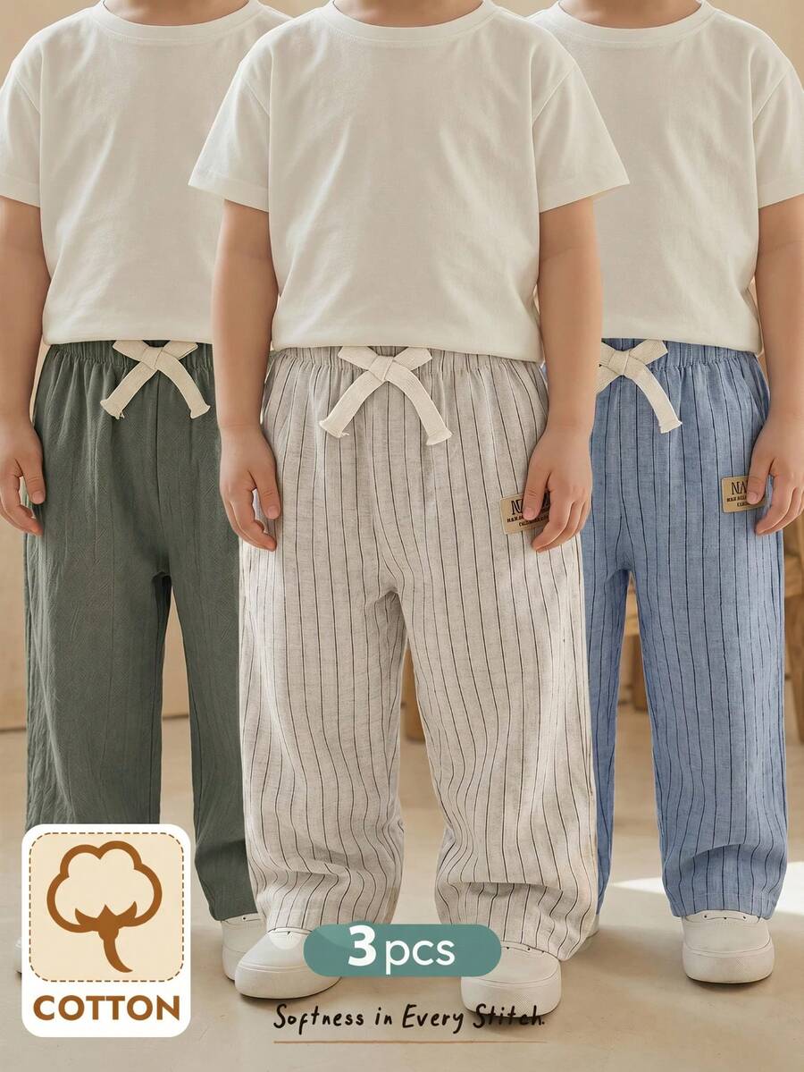 Cozy Pixies 3件組中性嬰兒服飾 男嬰休閒可愛百搭 純色+條紋織帶裝飾鬆緊腰長褲套裝 多件式長褲 - 彩色 - 查看 1