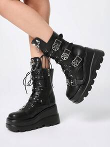 ROMWE Grunge Punk Women Heeled Sandals Punk Style Dark PU Riveted Platform Riding Boots Women Small Height Goth Metal Handsome Locomotive Boots Babes Fried Street Small Boots - Black - View 1
