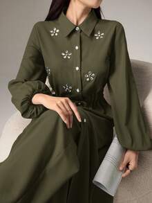 Modelyn 女款水鑽裝飾腰帶單排釦長版襯衫與長褲優雅兩件套 - 軍綠色 - 查看 4