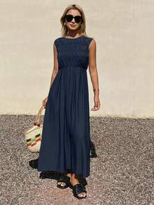 Livesso Summer Autumn June Festival Square Neck Sleeveless Ruched Waist Solid Navy Blue Full Skirt Midi Dress For Women Vacation Vacation Casual Modest - Navy Blue - View 4