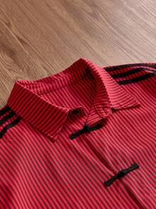 SWAVVY Men's Striped Short Sleeve Button-Up Casual Shirt - Red - View 4