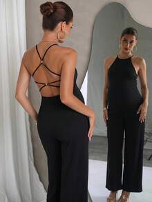 MaterniChic Maternity Wear, Maternity Jumpsuits, Summer Black Maternity Jumpsuit, Simple Yet Elegant With A Cutout Back - Black - View 3