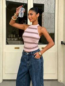 Muchica Women's Casual Y2k Backless Halter Neck Fitted Top, Suitable For Summer Brunch Going Out Pink Stripe - Multicolor - View 6