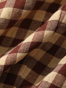DAZY Women's Vintage Sweet Brown & Beige Plaid Collared Puff Short Sleeve Button-Up Cardigan Blouse With Ruffle Trim, Cinched Waist, Slim Fit Cute Tops - Brown - View 8